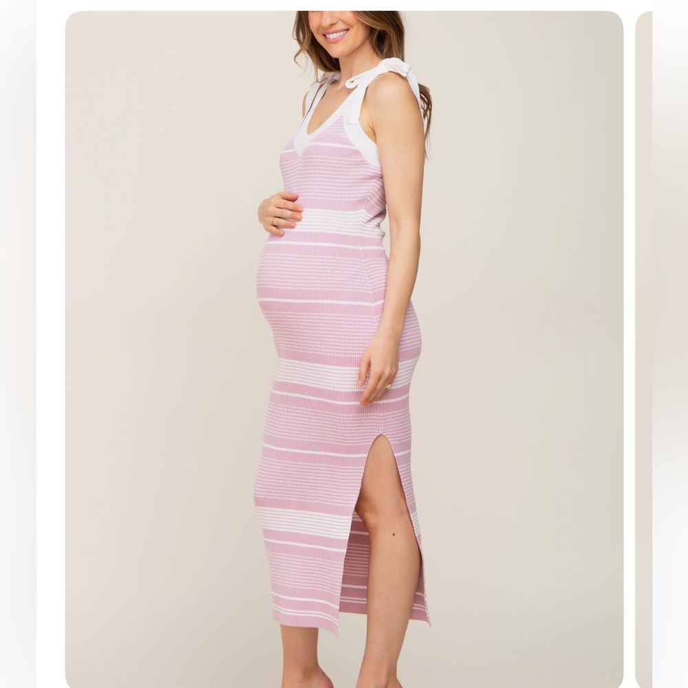 Pink blush maternity stripe midi dress